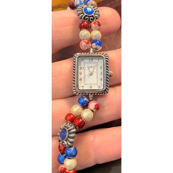 Women's 20mm Silver Tone Legacy Watch, Beaded and Crystal Bracelet Band - Picture 1 of 4